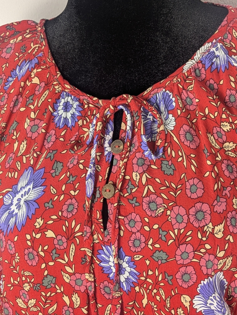 Novica Womens Red Mixed Floral Print Woven Top Blouse Bohemian Long Sleeve Sz L - Picture 3 of 11